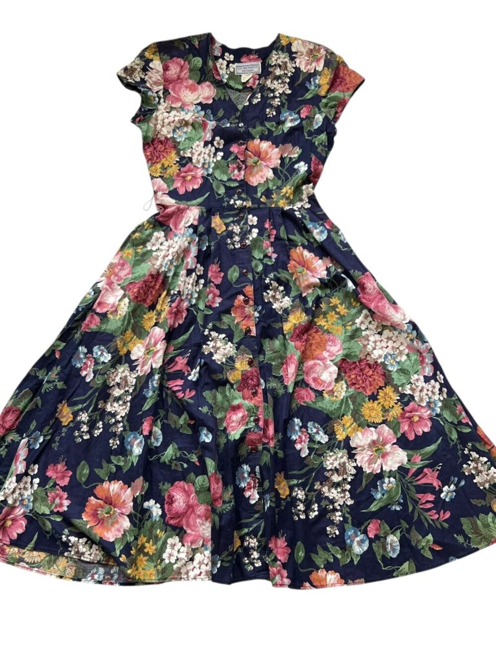 Vintage 90s dress ED Michaels Petites navy blue floral print v neck size 5